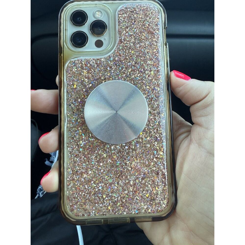 For iPhone 12 Pro PINK GLITTER Shockproof Case Cover Bling + Rose Gold POPSOCKET